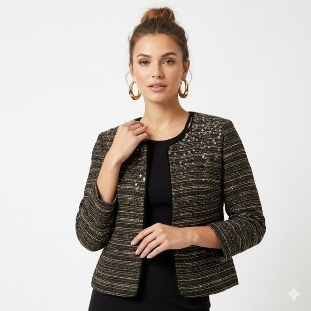 NWT Pleione Studded Tweed Jacket Embellished Open Front Black Gold Large